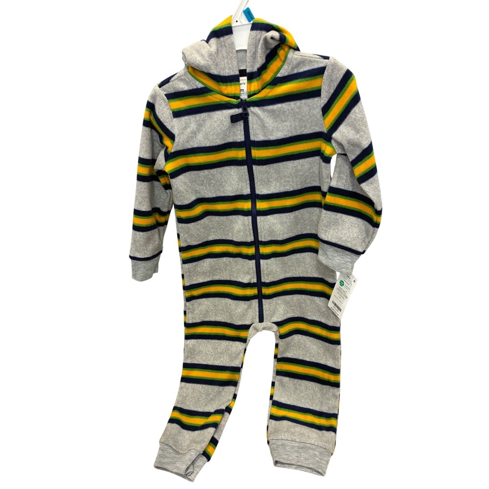 Carters Baby 24m Gray Stripe Fleece Hooded Pajama Sleepsuit One Piece